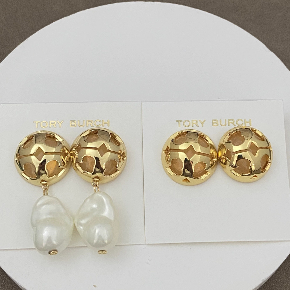 Tory Burch Copper Gold Plated Baroque Pearl Hollow Semi Circle Earrings